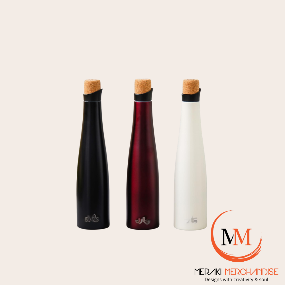 Meraki CorkForm matte black burgundy white sculptural insulated bottles with natural cork lid