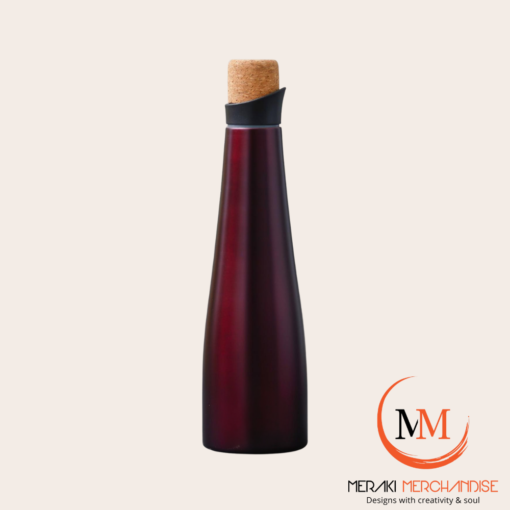 Meraki CorkForm deep burgundy sculptural vacuum insulated bottle with natural cork stopper