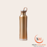 Meraki MetalLux champagne gold metallic insulated bottle with leather-tone carry loop