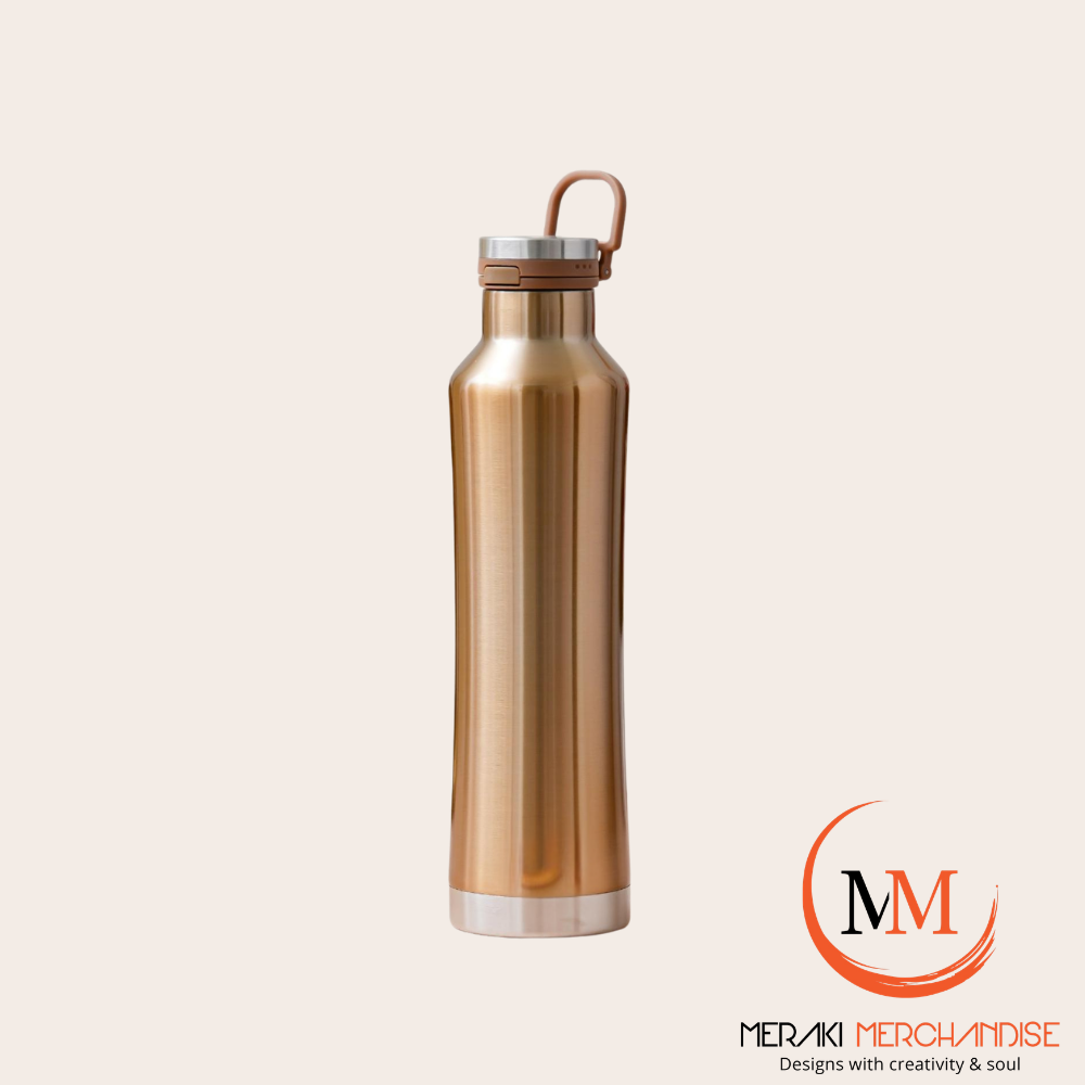 Meraki MetalLux champagne gold metallic insulated bottle with leather-tone carry loop