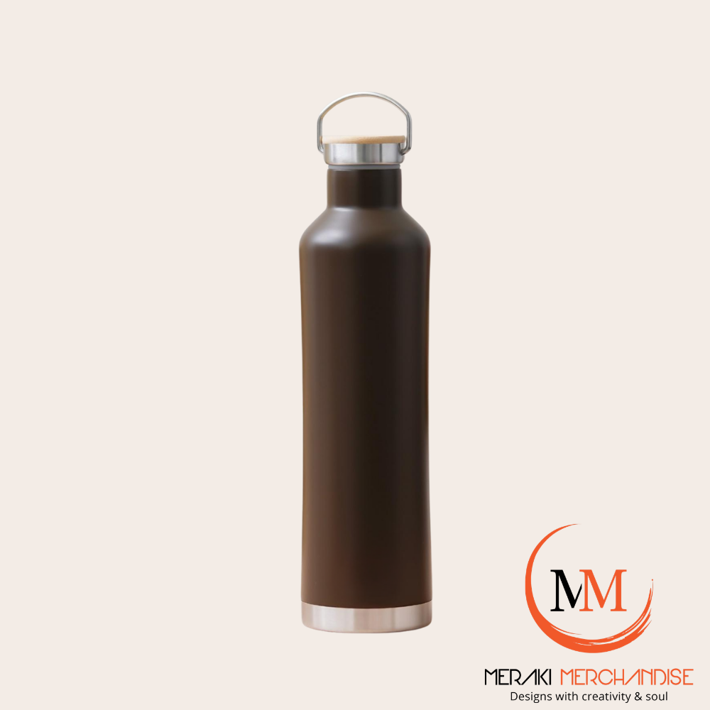 Meraki BambooLux raw brushed steel insulated bottle with natural bamboo lid and steel arch handle