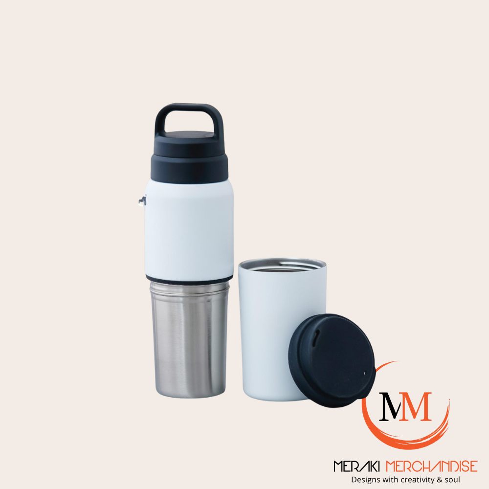 Meraki TwinVessel white vacuum insulated flask with detachable stainless steel tumbler cup
