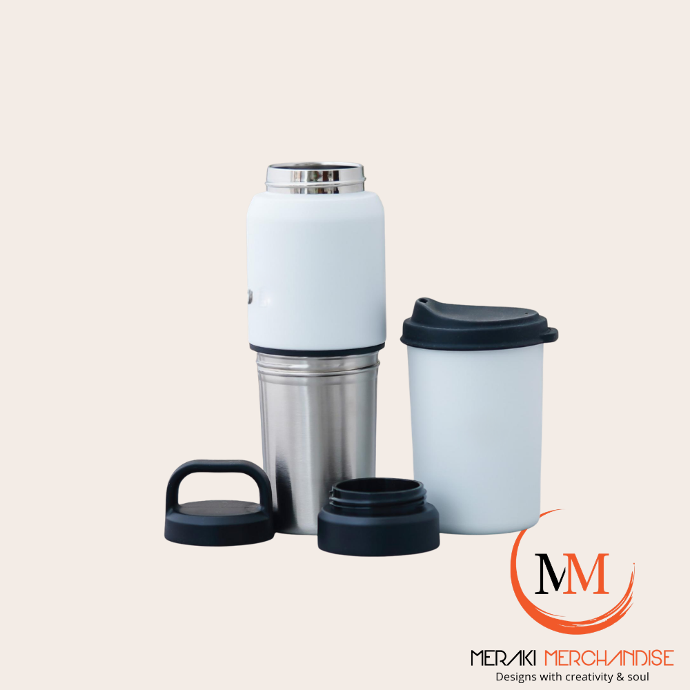 Meraki TwinVessel white 2-in-1 bottle system all parts disassembled flask cup lids